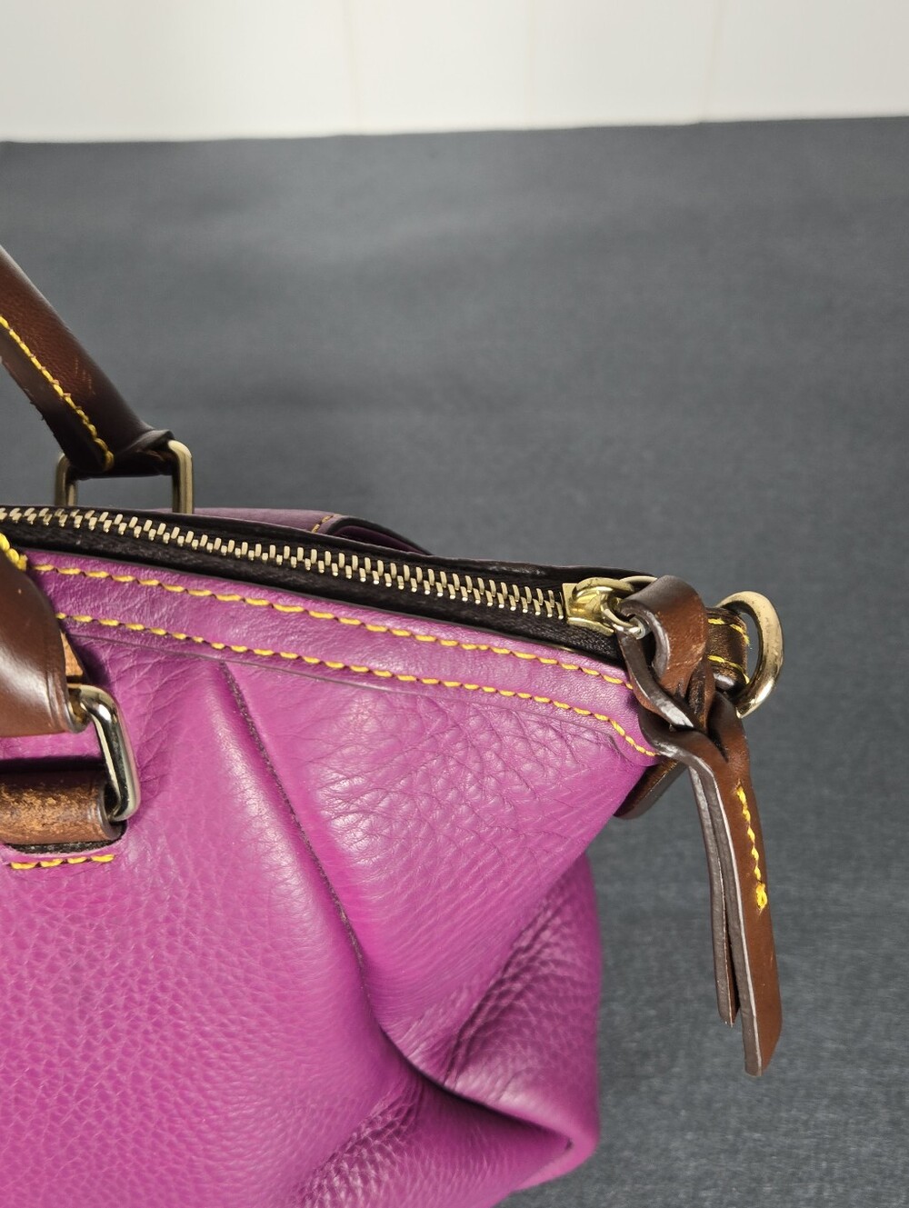 Dooney & Bourke Samba Magenta Pebble Leather Satchel with Brown Trim - Picture 8 of 15